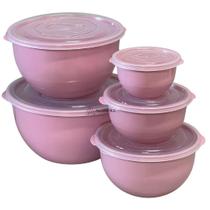 Kit Conjunto Jogo de 5 Potes Rosa Plásticos Bowl Redondo Com Tampa Para Mantimentos Cozinha Saladeira 5 peças