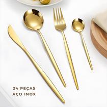 Kit Conjunto Jogo de Talher 24 Peças Dourado Aço Inox Luxo Faca Garfo Colher Mesa Chá Kit Conjunto Jogo de Talher 24 Peças Dourado Aço Inox Luxo Faca Garfo Colher Mesa Chá