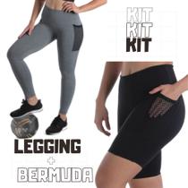 Kit Conjunto Legging Mescla E Bermuda Preta Bolso Tela