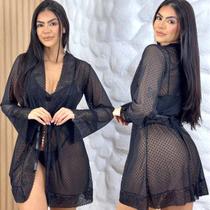 Kit Conjunto Lingerie Robe Tule Renda Sensual Sem Bojo Transparente