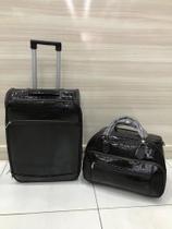 Kit conjunto mala de viagem e bolsa de mão padrão bordo cor croco marrom verniz