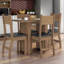 Kit Conjunto Mesa 108 Cm Com 4 Cadeiras Em MDF Cozinha Sala de Jantar Marrom Carvalho Assento Preto