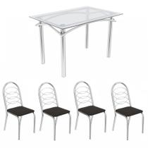 Kit Conjunto Mesa 4 Cadeiras 120 x 80 cm Sala de Jantar Cozinha Vidro Metal Cromado Preto