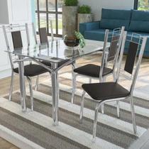 Kit Conjunto Mesa 4 Cadeiras 120 x 80 cm Sala de Jantar Cozinha Vidro Metal Cromado Preto