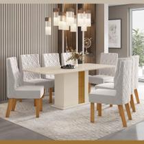 Kit Conjunto Mesa Bruna 200 cm 8 Cadeiras Sala de Jantar Cozinha MDF Madeira Off White Cinza Gelo