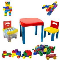 Kit conjunto mesa infantil com cadeira + cadeira bau blocos 50 peças simo toys Kit conjunto mesa infantil com cadeira + cadeira bau blocos 50 peças simo toys