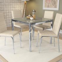 Kit Conjunto Mesa Quadrada 4 Cadeiras 90 x 90 cm Sala de Jantar Cozinha Vidro Metal Cromado Nude