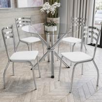 Kit Conjunto Mesa Redonda 4 Cadeiras 95 x 95 cm Sala de Jantar Cozinha Vidro Metal Cromado Branco