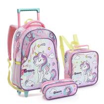 Kit Conjunto Mochila Rodinhas Infantil Menina Sonho Unicórnio