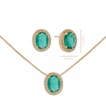 Kit Conjunto Oval Colar Brinco Banhado A Ouro 18K Turmalina Cravejado Micro Zircônias
