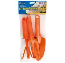 Kit Conjunto para Jardinagem com 3 Peças em Metal com Cabo Plástico - Pazinha, Garfo e Rastelo - Wes