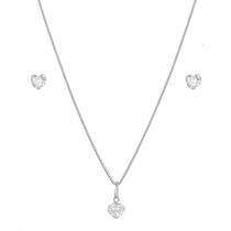 Kit Conjunto Prata 925 Colar + Brincos Ponto de Luz Coração Zircônia Delicado