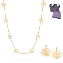 Kit Conjunto Presente Feminino Rommanel Colar + Brincos Rosas Vazadas + Embalagem