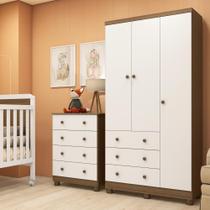 Kit Conjunto Quarto Bebê Guarda Roupa Infantil 3 Portas Gaveteiro 4 Gavetas MDF Branco e Marrom