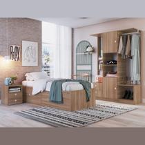 Kit Conjunto Quarto Cama Solteiro 80 4 Portas Mesa de Cabeceira Guarda Roupa Espelho Marrom Madeira