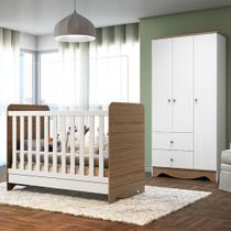 Kit Conjunto Quarto Infantil Bebê Berço Mini Cama Ben 3 Em 1 Guarda Roupa 3 Portas Branco e Marrom - Peroba