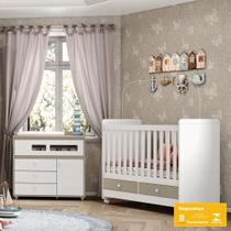 Kit Conjunto Quarto Infantil Cama Berço Cômoda Multiuso Organizador Madeira MDF Branco Marrom