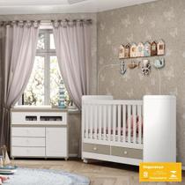 Kit Conjunto Quarto Infantil Cama Berço Cômoda Multiuso Organizador Madeira MDF Branco Marrom