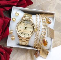 kit Conjunto Relógio Feminino Pallyjane Prova água Aço Inox Pedras Zircônias com Pulseira Brincos Dourado/Rose Gold