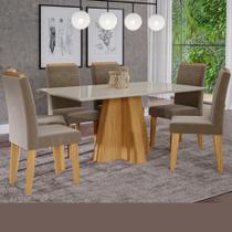 Kit Conjunto Sala de Jantar Mesa Tampo Vidro MDF 160 cm 6 Cadeiras Moderna Marrom Madeira Off White