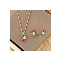 Kit Conjunto Semi Jóia de Colar e Brincos Zircônias Dourado Feminino Elegante Básico