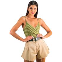 Kit Conjunto Shorts Feminino Cintura Media Barra Desfiada + Body Decotado Em V