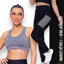 Kit conjunto TOP ALÇA MÉDIA bojo + CALÇA LEGGING BOLSOS Feminino Academia Corrida Fitness 701