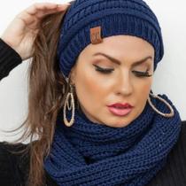 Kit Conjunto Touca Rabo De Cavalo Com Furo Cabelo + Cachecol Liso Maxi Gola De Lã Tricot Outono Inverno Elegante