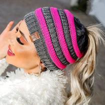 Kit Conjunto Touca Rabo De Cavalo Com Furo Cabelo + Cachecol Liso Maxi Gola De Lã Tricot Outono Inverno Elegante