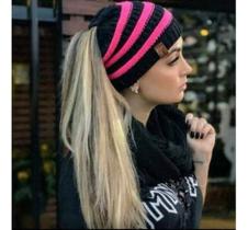 Kit Conjunto Touca Rabo De Cavalo Com Furo Cabelo + Cachecol Liso Maxi Gola De Lã Tricot Outono Inverno Elegante