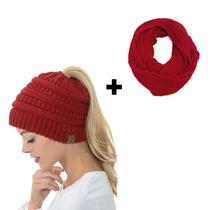 Kit Conjunto Touca Rabo De Cavalo Com Furo Cabelo + Cachecol Liso Maxi Gola De Lã Tricot Outono Inverno Elegante