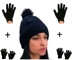 Kit Conjunto Uma Touca + Um Par de Luva Gorro Forrado Chapéu de Lã Com Pompom