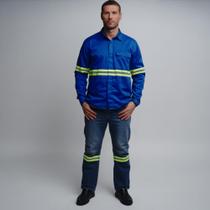 Kit Conjunto Uniforme Camisa e Calça Jeans Brim Com Faixa Refletiva Cores Kit Conjunto Uniforme Camisa e Calça Jeans Brim Com Faixa Refletiva Cores