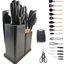 Kit Conjunto Utensílios Cozinha Silicone Faca Tábua 19 Pçs Preto luxo - luxxo Kit Conjunto Utensílios Cozinha Silicone Faca Tábua 19 Pçs Preto luxo - luxxo