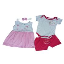 Kit Conjunto Vestido Bebe Body e Shorts Menina Estampas Bordadas Kit Conjunto Vestido Bebe Body e Shorts Menina Estampas Bordadas