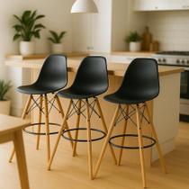 Kit Conjuto de 3 Banquetas Cadeiras Altas Americana Para Bar Cozinha Restaurante Charles Eames Eiffel Preta