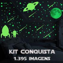 Kit Conquista 1.395 Adesivos Fosforescentes Brilham no Escuro Estrelas, Astronauta, Cometas, Foguete, Super Lua - Decoração Quarto Infantil
