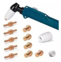 Kit Consumíveis Tocha Corte Plasma PT31: 5 un. Bico Longo. - 5 un. Eletrodo Longo. - 1 un Difusor Cerâmico. - 1 un Bocal