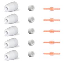 Kit Consumíveis Tocha Corte Plasma PT31: 5 un. Eletrodo Longo. - 5 un. Anel Difusor Cerâmico. - 5 un. Bocal Cerâmico.