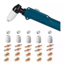 Kit Consumíveis Tocha Plasma PT31: 10 un. Bico Longo - 10 un Eletrodo Longo - 5 un Anel Difusor Cerâmico. - 5 un Bocal