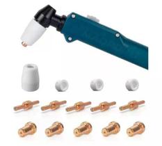 Kit Consumíveis Tocha Plasma PT31: 5 un. Bico Longo - 5 un Eletrodo Longo - 3 un Anel Difusor Cerâmico. - 1 un Bocal