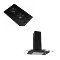 Kit Cooktop 2 Bocas A gás + Coifa de Parede vidro Curvo 70cm Preto