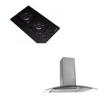 Kit Cooktop 2 Queimadores Preto + Coifa Inox Parede Vidro curvo 75cm