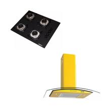 Kit Cooktop 4 B preto automático + Coifa Amarelo 75cm Nardelli lampada led