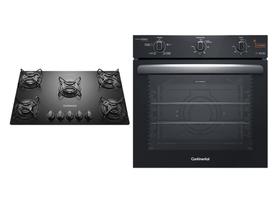 Kit Cooktop 5 Bocas Continental a Gás de Vidro Temperado Preto + Forno de Embutir Elétrico Continental 80L com TOPLimpaFácil (KC5GP+OC8EM)