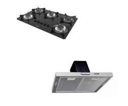 Kit Cooktop 5 Bocas Mesa vidro + Depurador 90cm Em Inox 3 velocidades