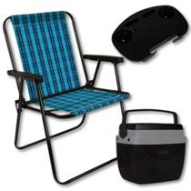 Kit Cooler 12 L Preto com Alca + Cadeira de Praia Alta Xadrez Azul + Mesa Portatil Porta Copos Mor