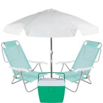 Kit Cooler 36l Verde + 2 Cadeiras de Praia 6 Posicoes + Guarda-sol 1,60 Branco Bel