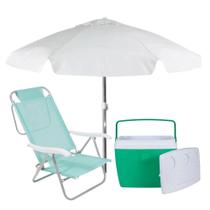 Kit Cooler 36l Verde + Cadeira de Praia 6 Posicoes + Guarda-sol 1,60 Branco Bel