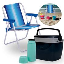 Kit Cooler 6 L Preto + Garrafa Termica Mini + Cadeira Azul Infantil Parques / Lanches Mor
